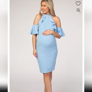 Pink blush blue maternity dress high neck peep shoulder. Baby Shower